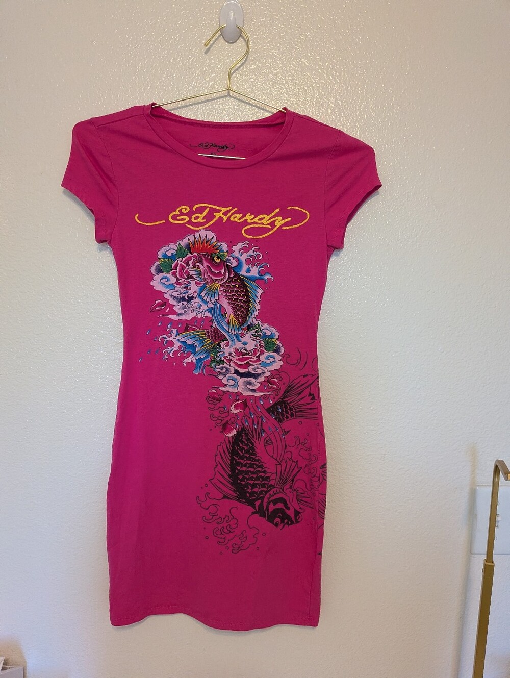 Ed Hardy Koi T Shirt Dress Hot Pink Xs